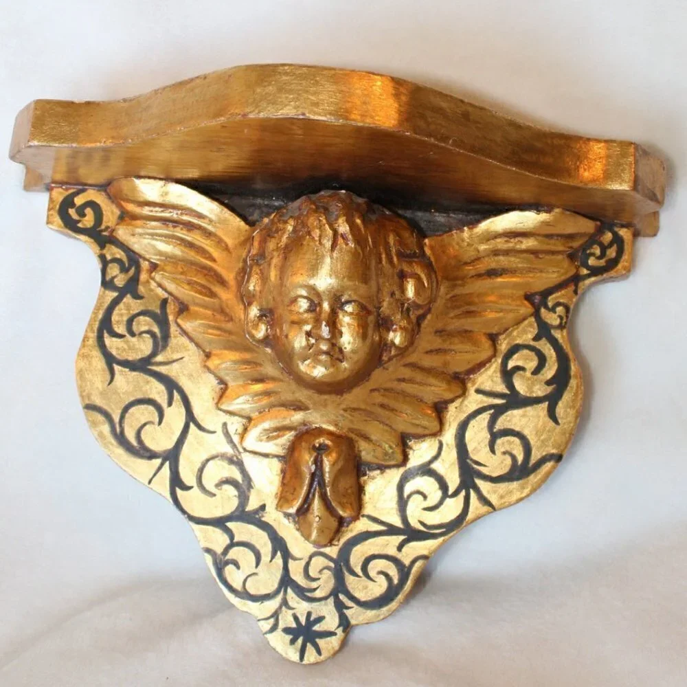 Antique vintage wood carved gilded Putti brackets Cherub Baroque golden flaws